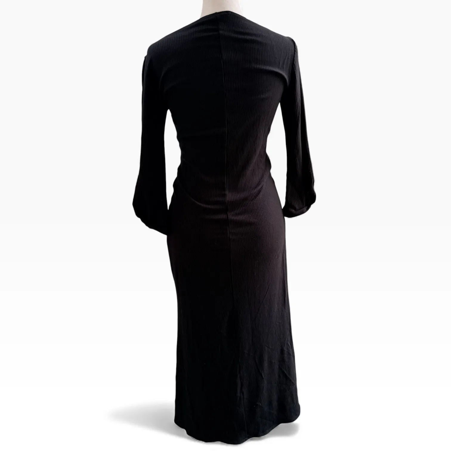 Reformation Boat Neck Black Ribbed Midi Dress Small Long Sleeve Ruched Slit - Image 8