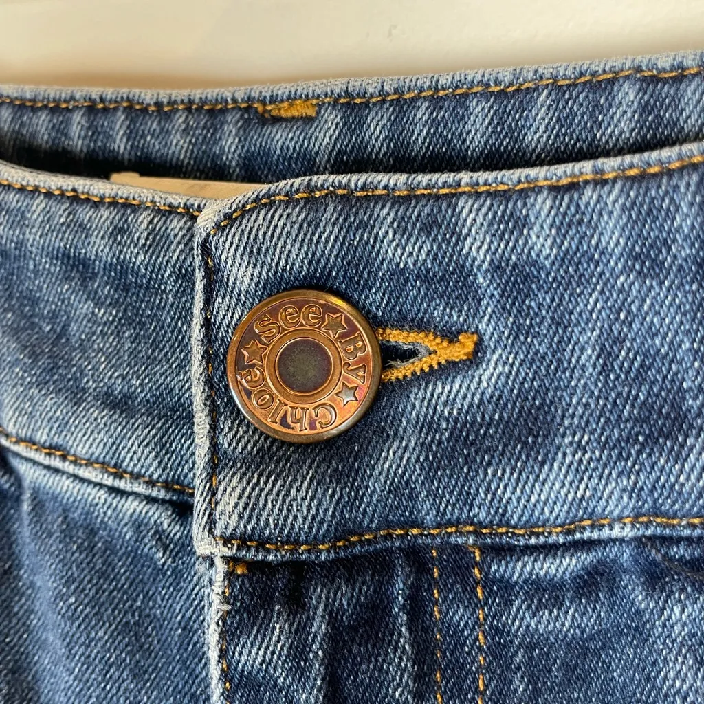 See By Chloe Blue Denim and Brown Corduroy Two-Tone Retro Flare Jeans - Image 5