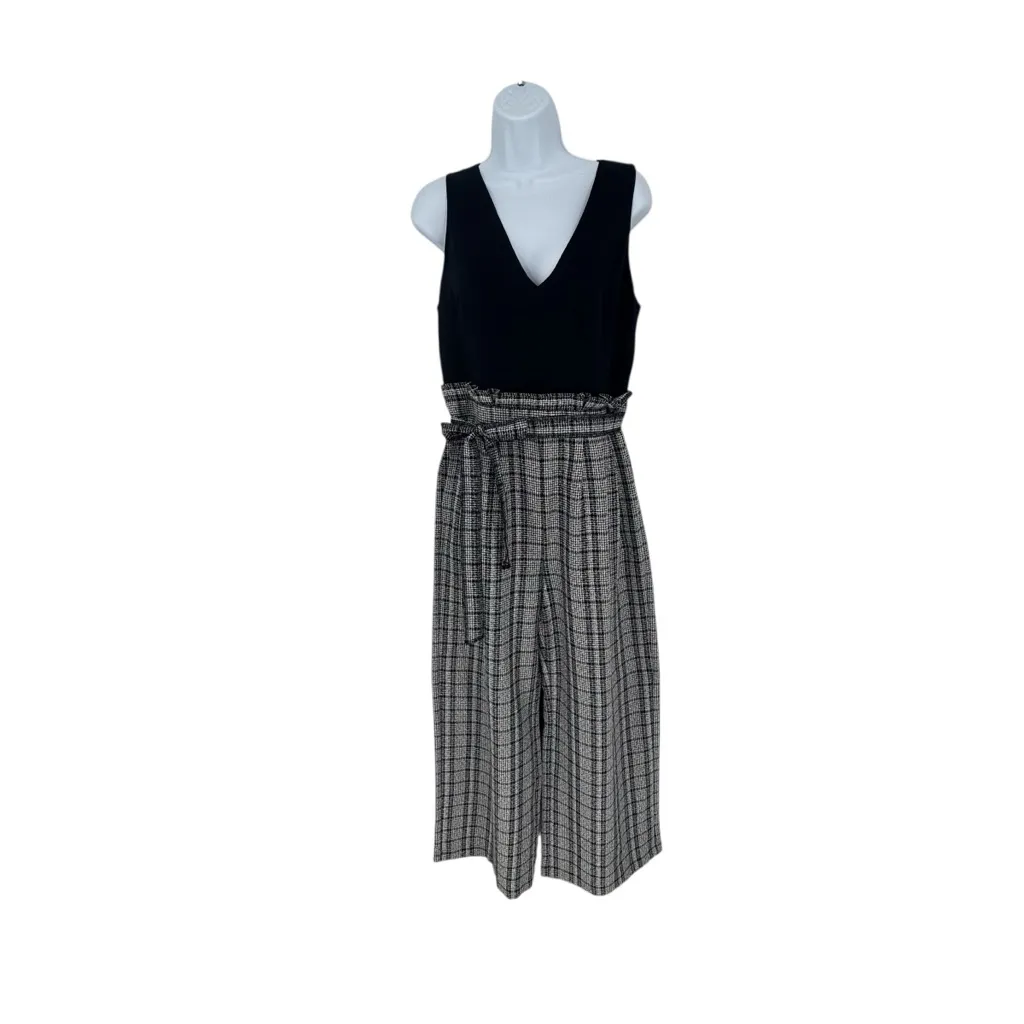 Chelsea28 V-Neck Sleeveless Navy Dark Blue Gray Checkered Jumpsuit Tie Size 12P - Image 13