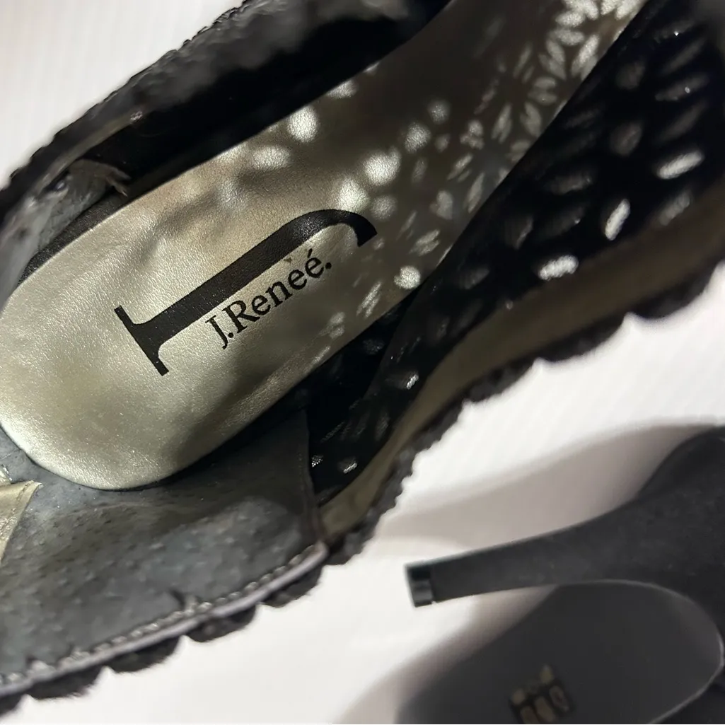 J. Rene Radita Satin Rhinestone peep top shooties heel shoe women size 9 M Black - Image 11