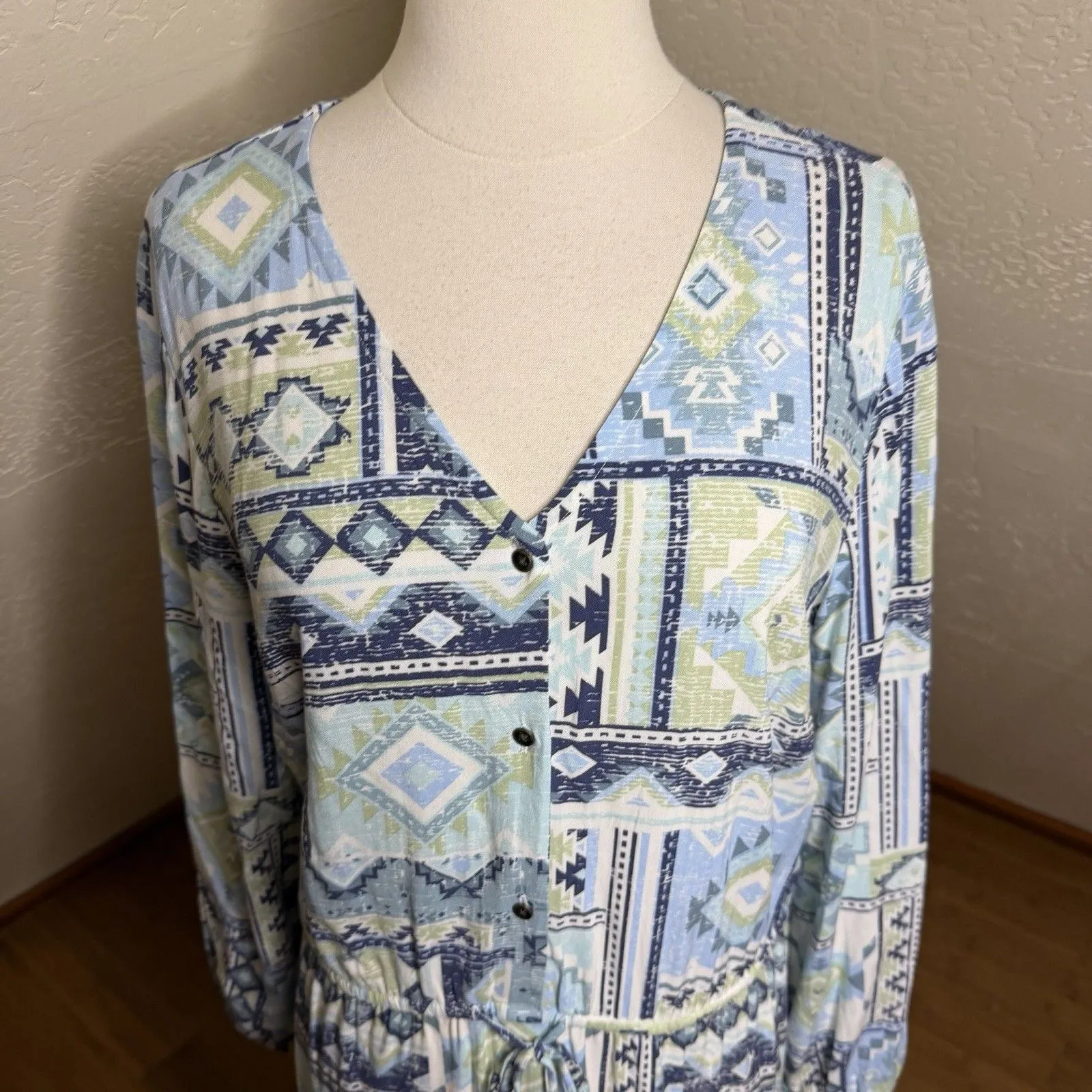 Canyon Retreat Mesa Midi Dress Womens Medium Blue Print Tiered Long Sleeve - Image 4