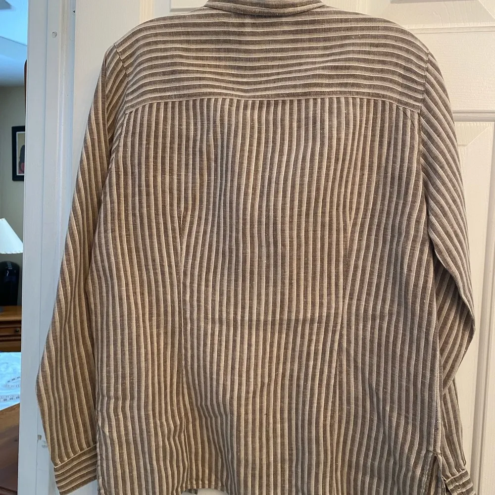 Chico’s Linen Snap up Beige and White Striped Long Sleeve shirt  S - Image 3