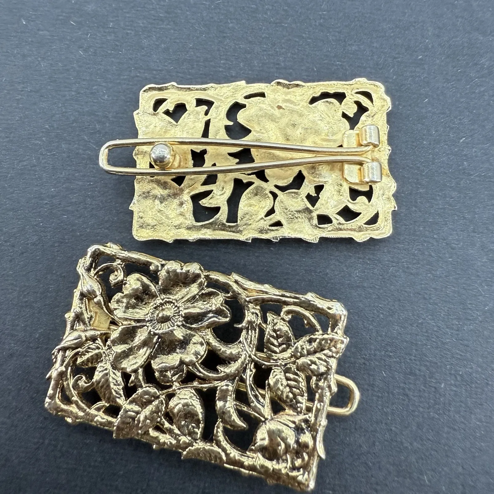 VTG Miriam Haskell Gold Tone Floral Hair Barette Clip 2" Rectangular Lot Of 2 - Image 2