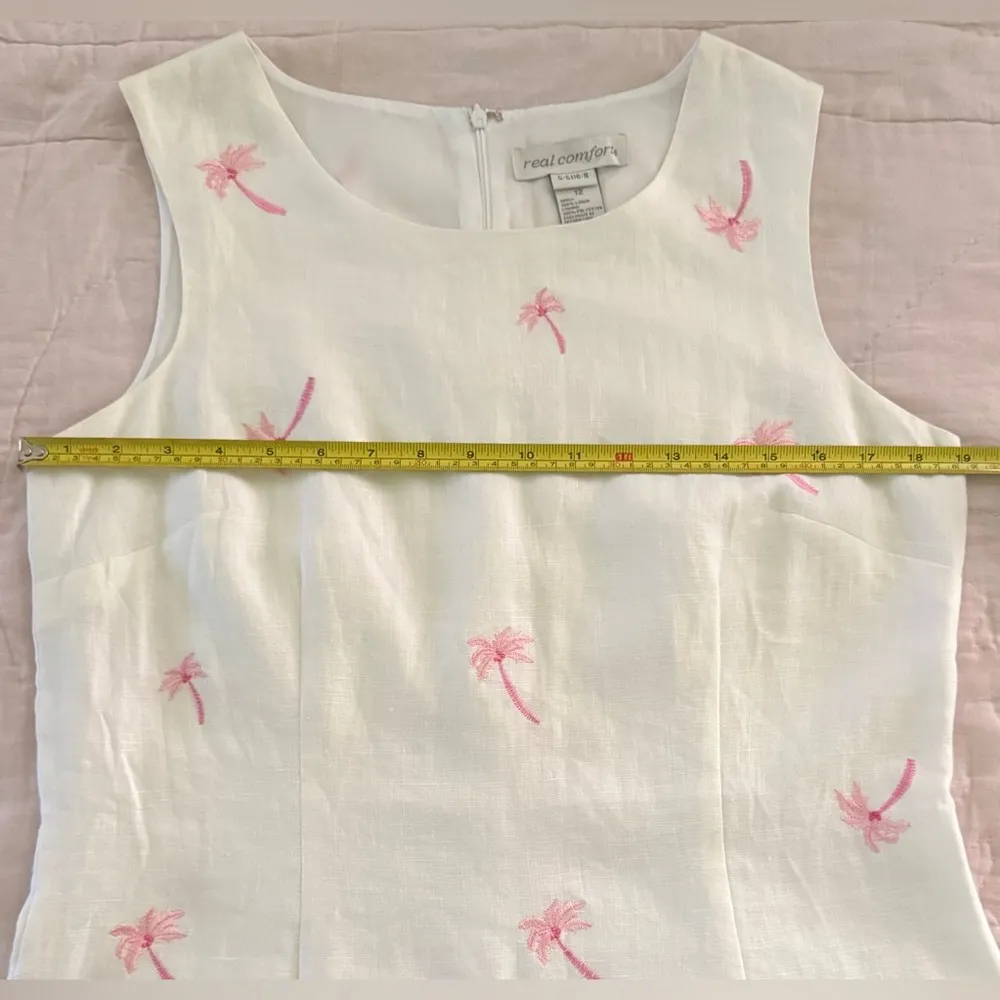 Real Comfort Linen White w/Pink Embroidered Palm Trees SL Lined Dress Size 12 - Image 8