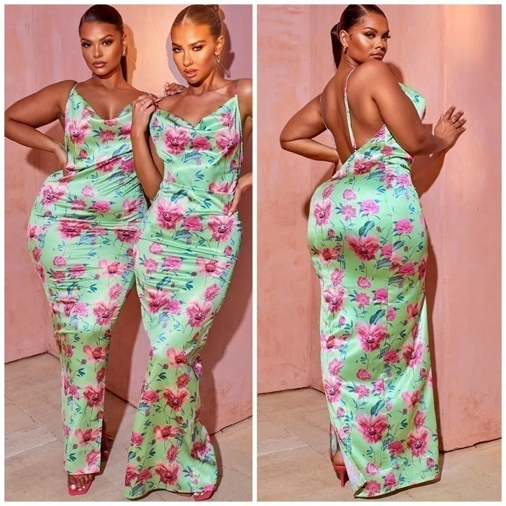 PrettyLittleThing Green Pink Floral Satin Cowl Neck Maxi Dress Size L - Image 2