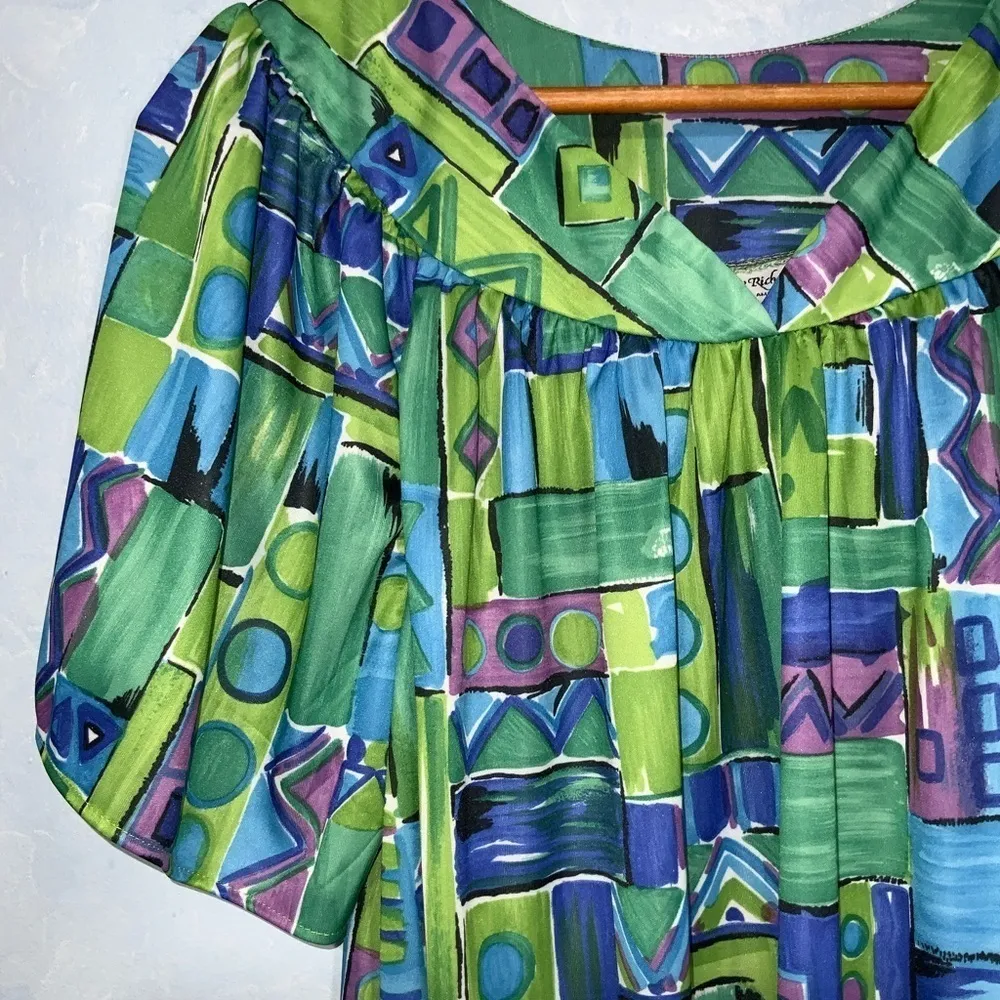 Vtg 80s Anthony Richards Green ‘Purple Blue Geometric Muumuu House Lounge Dress Size undefined - Image 5