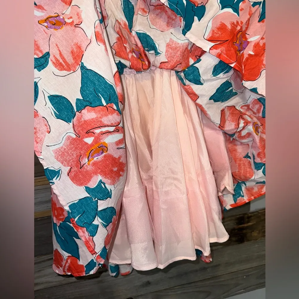 NWOT-&Merci-BUBBLE SLEEVE FLARE MINI DRESS CORAL FLORAL-large - Image 5