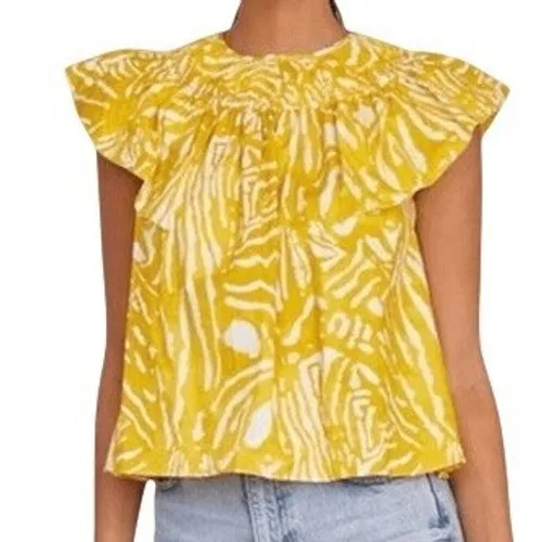 HUNTER BELL Kinser Mustard Yellow and Whit6e Flutter Sleeve Blouse EUC Size XS - Image 1