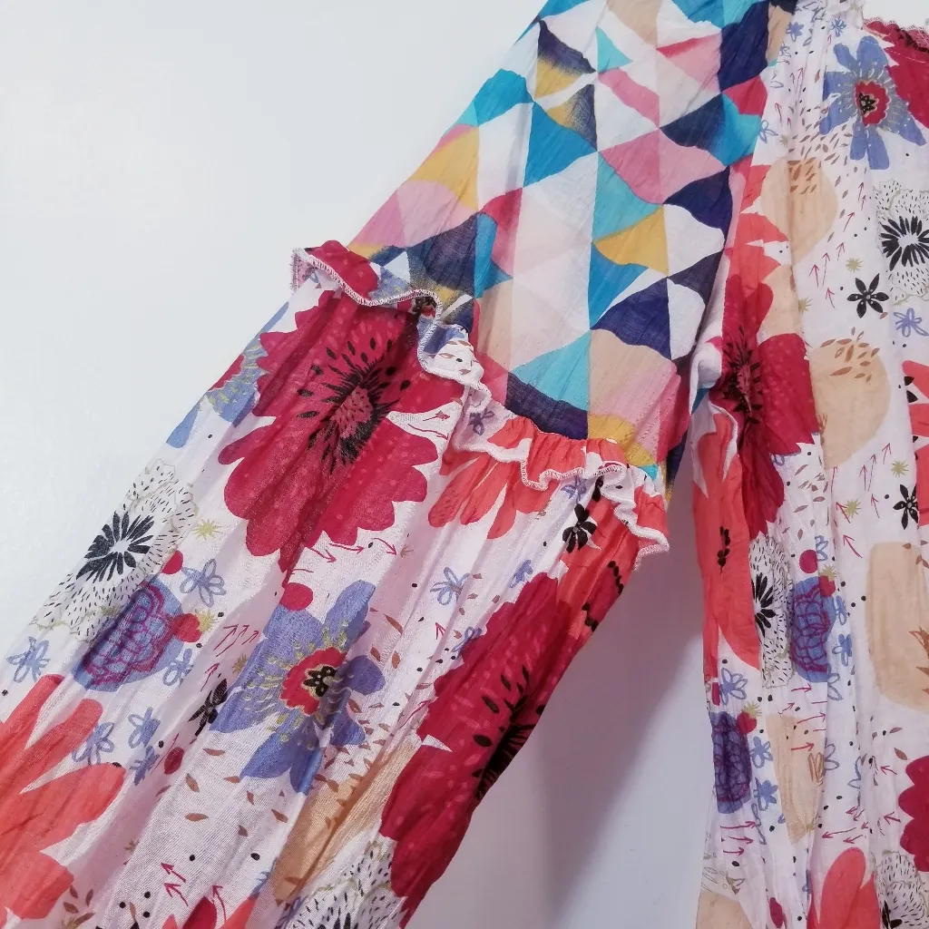 Fate Ruffle Floral and Geometric Patterned Women's Top Red - Image 9