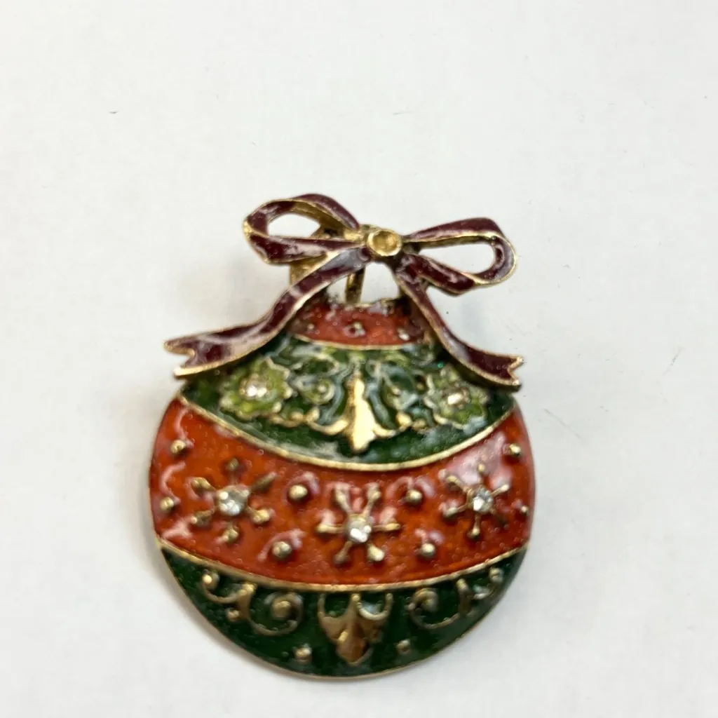 Festive Christmas Ornament Brooch Pin With Red & Green Enamel Rhinestone Accents - Image 2