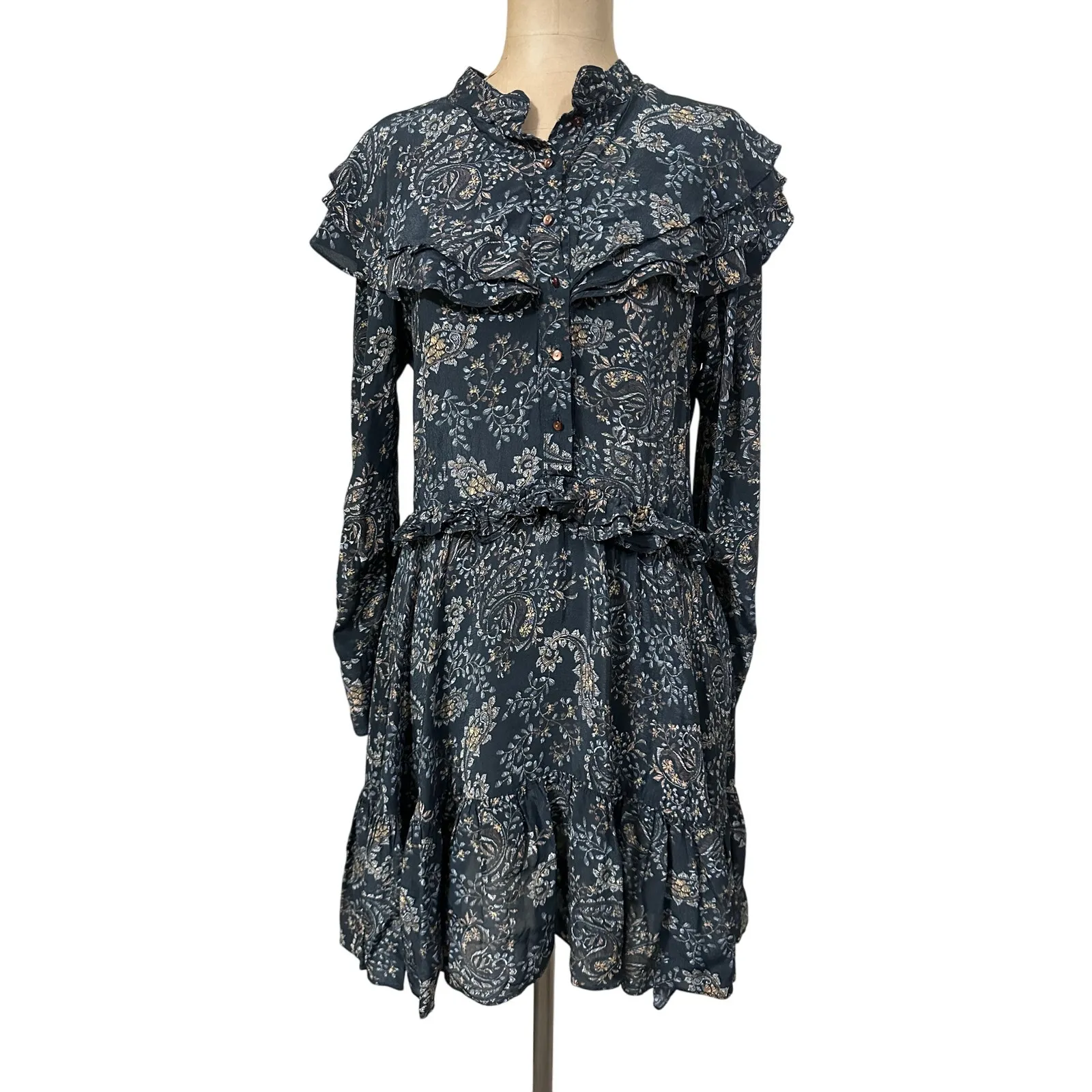 Nicholas Mini Elsie Dress Black Paisley Floral Long Sleeve Ruffle Trim Size 4 - Image 6