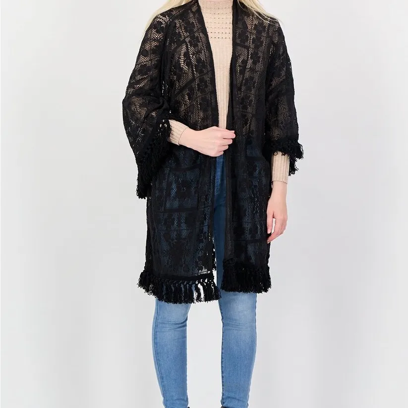 Aerie Crochet Lace Fringe Hem Kimono Women’s M/L Black Floral Swim Coverup Boho - Image 3