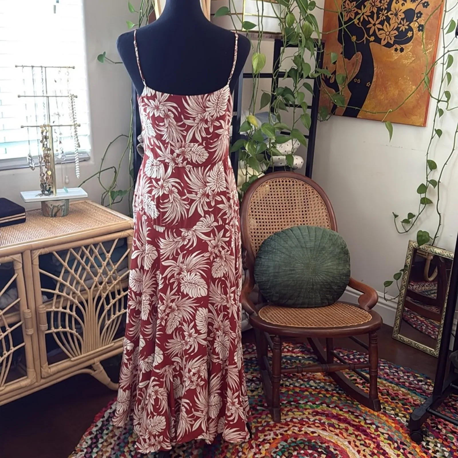 La Ligne Terracotta Cream Silk Tropical Floral Print Spaghetti Strap Maxi Dress Size M - Image 2