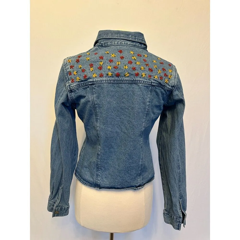 Vintage Denim Jacket with Embroidered Flowers Size Medium Blue - Image 8