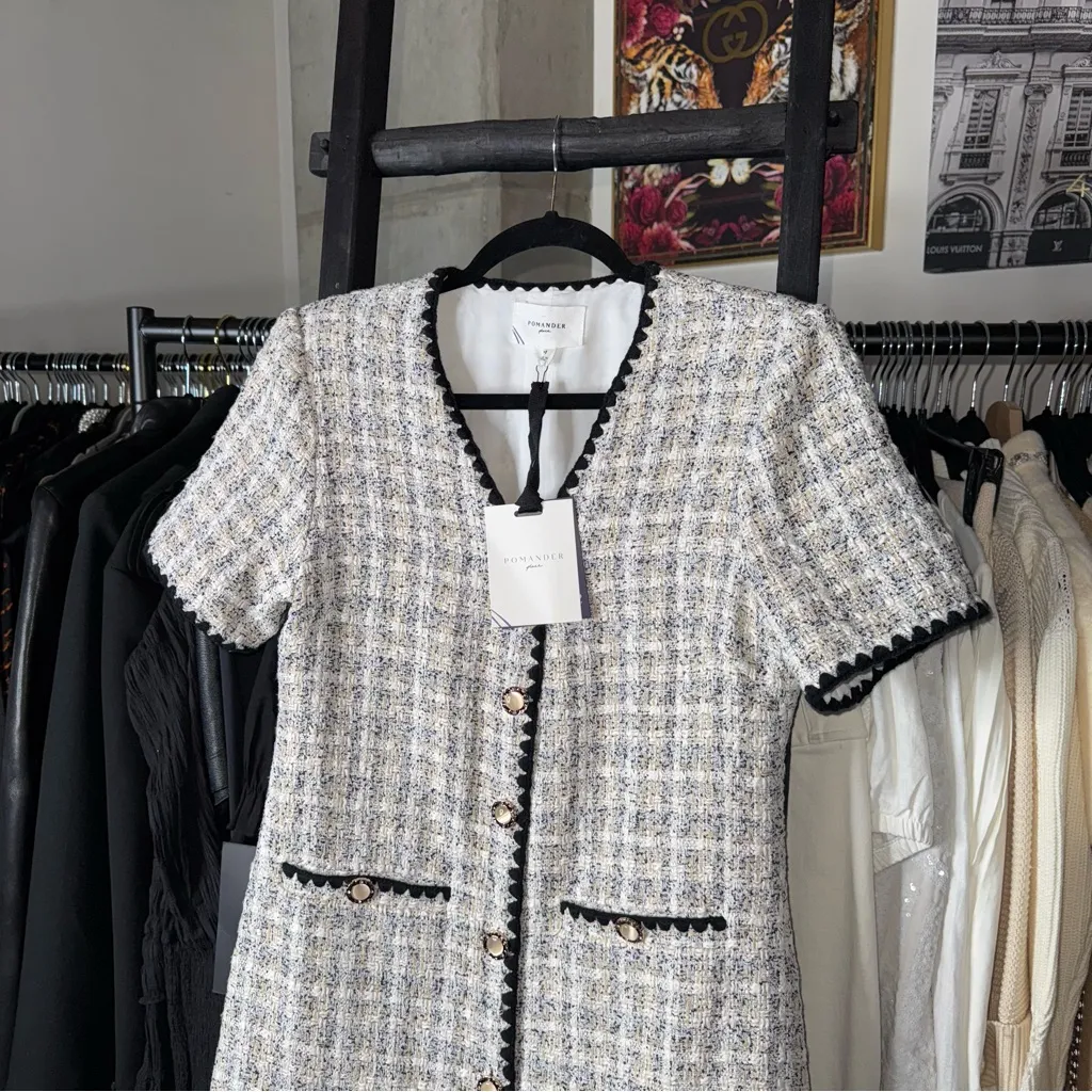 Pomander Place White Tweed Josephine Mini Dress with Gold Button Detail Black Size M - Image 6