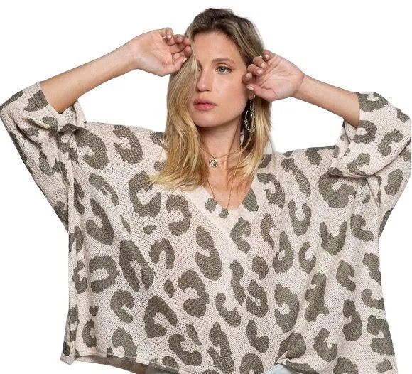POL Olive Leopard Print Oversized Sweater - Image 2