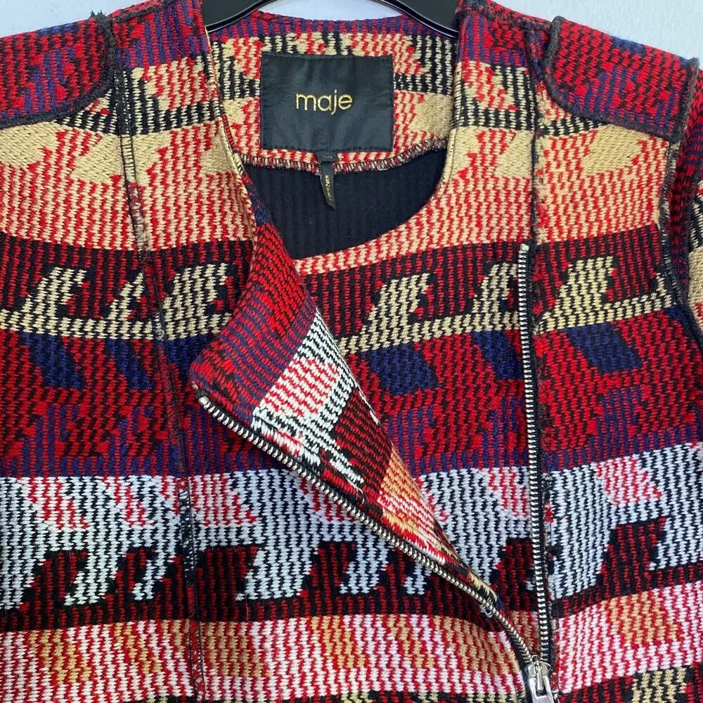 Maje Aztec Moto Jacquard Jacket Asymmetric Zip Front Sz 38 Medium Quiet Luxury - Image 9