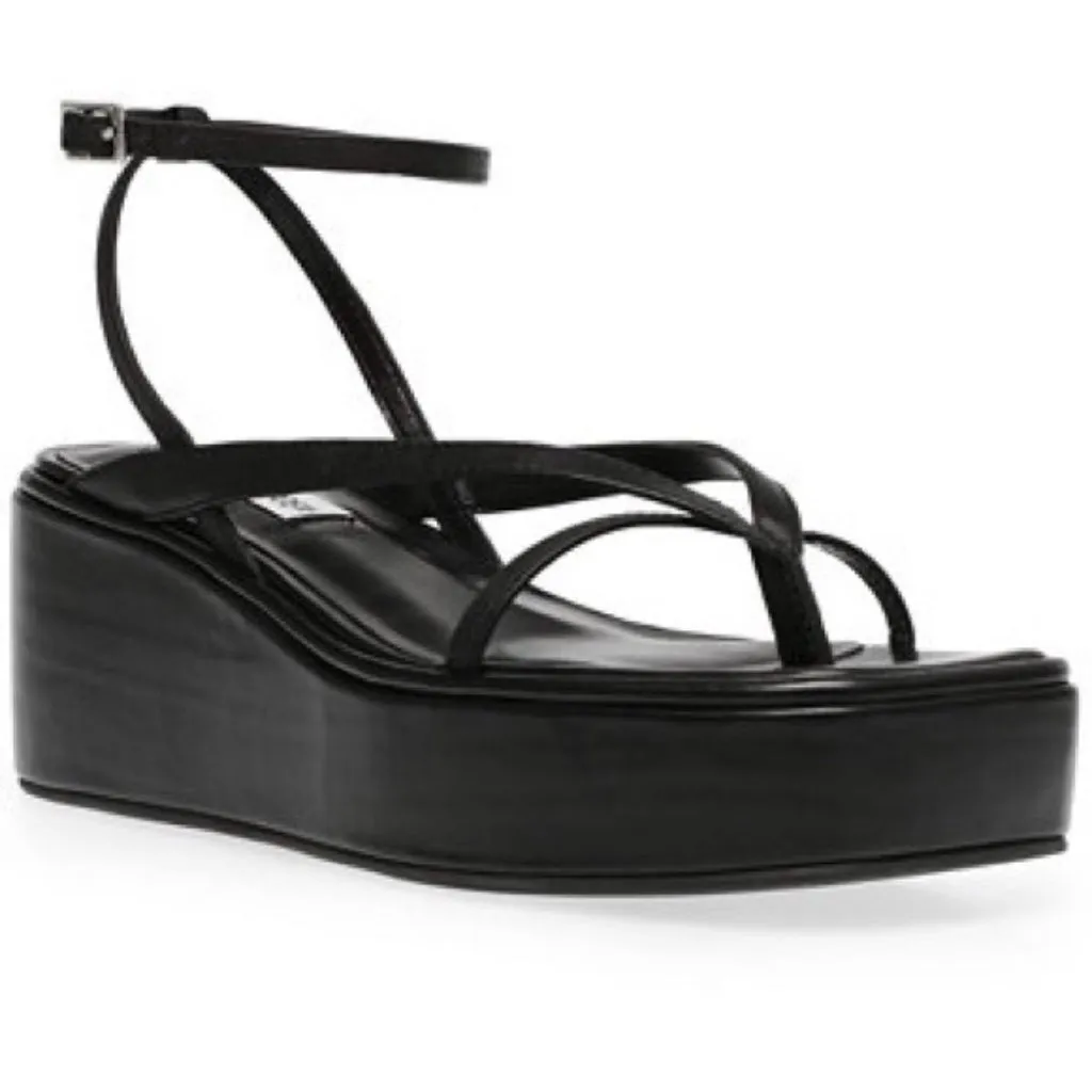 NWT Steve Madden Nadeen Platform Sandal 10 Black Faux Leather Flatform Strappy - Image 2