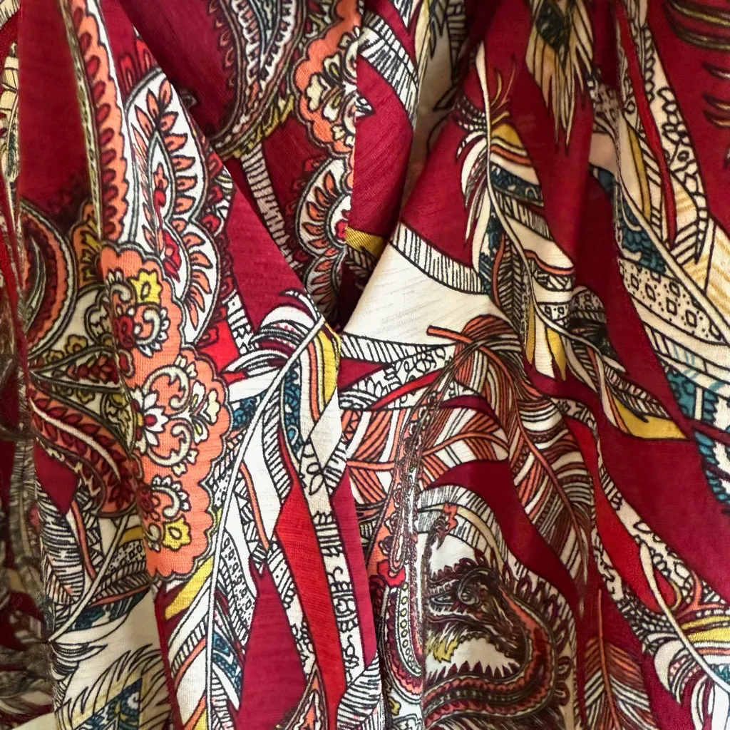 Women’s L XL Red Paisley Swing Dress Boho Chic Flowy Tunic Casual Layering - Image 7