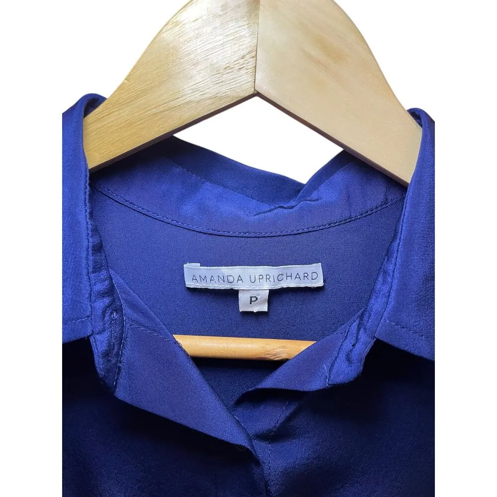 Amanda Uprichard Women Small 100% Silk Mini Dress Royal Blue Sleevless Button Up - Image 2
