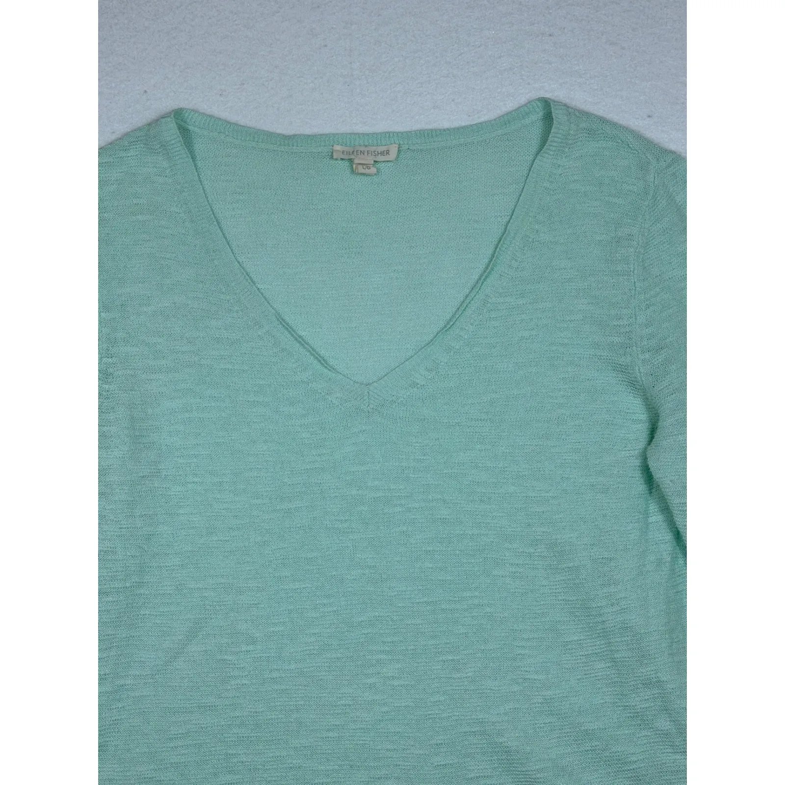 Eileen Fisher V Neck Lightweight Knit Sweater Mint Green LG Organic Linen Cotton - Image 2