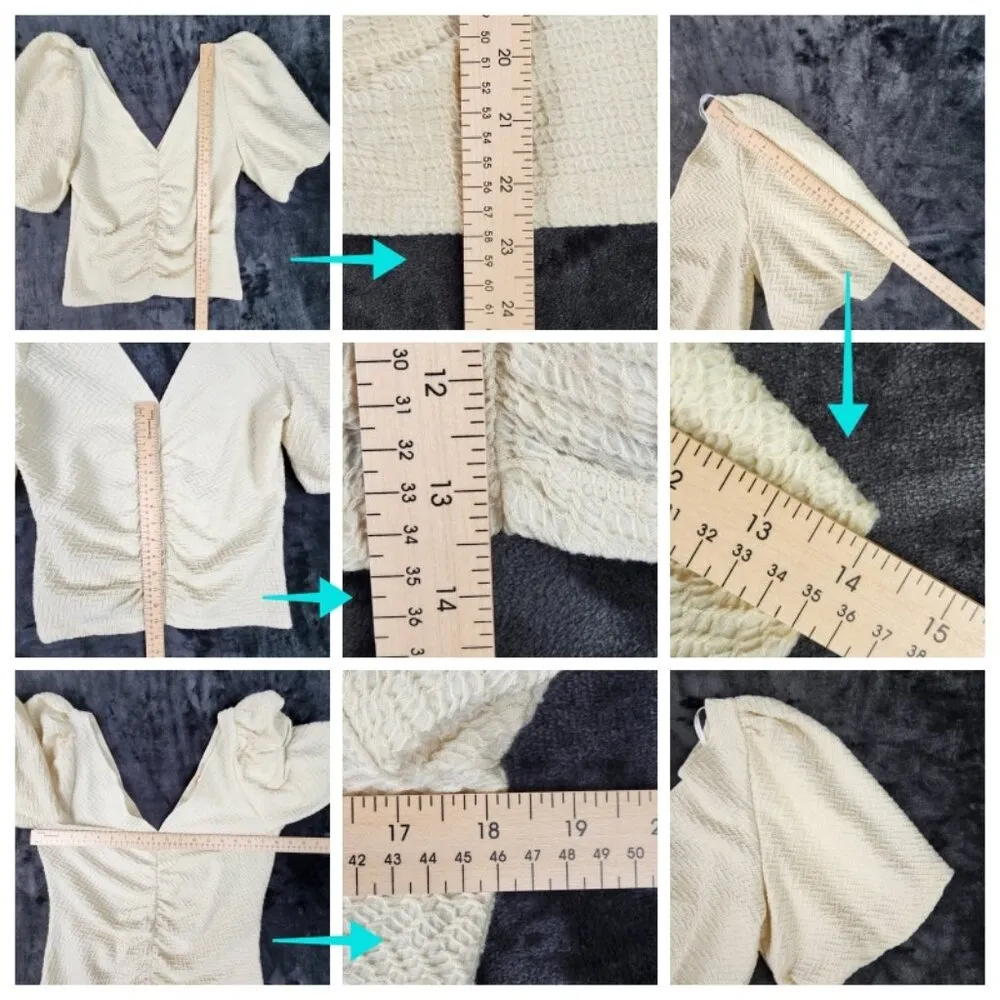 Free People Cupcake Ruched Puff Sleeve V Neck Top Size XL Ivory Blouse - Image 7