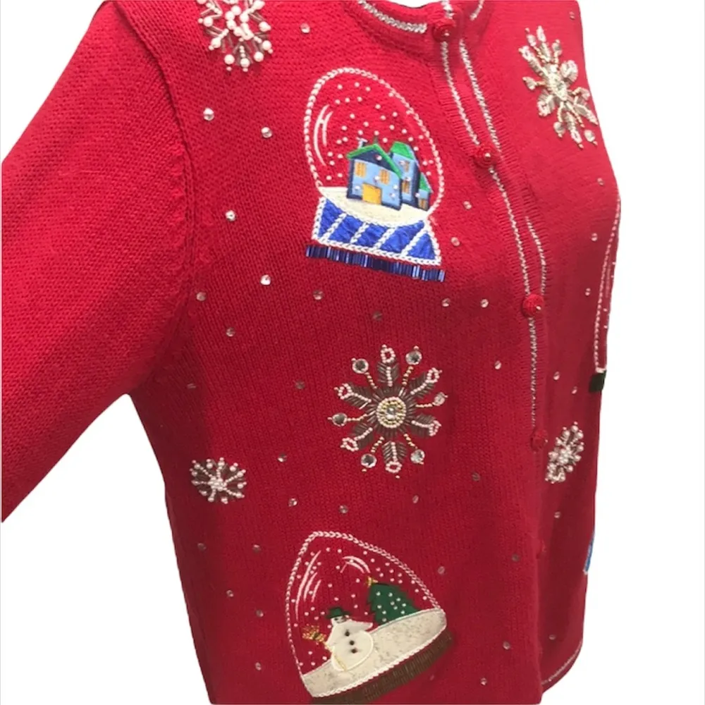 All Points Snow Globe Christmas Cardigan Sweater, Red, Medium - Image 2