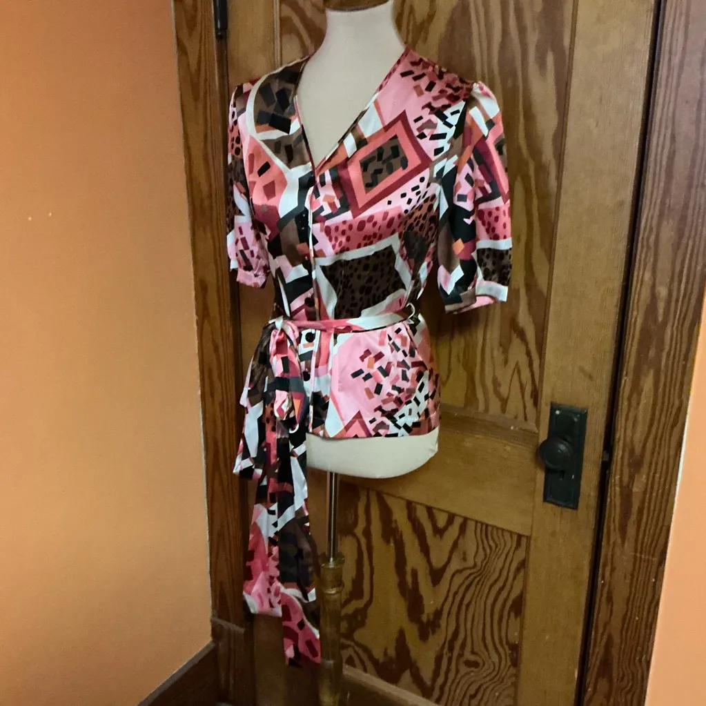 Vtg Y2K Etcetera op art silk belted blouse - Image 10