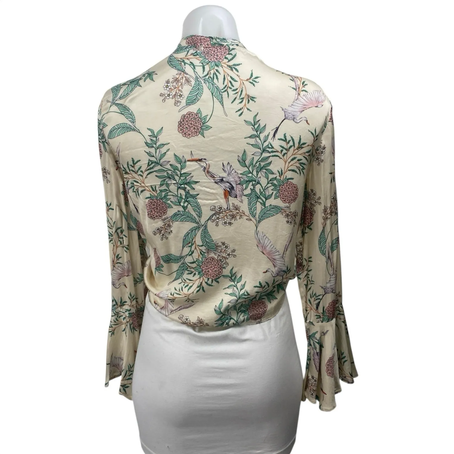 Zara Women's Cream Multicolor Floral Long Bell Sleeve Tie Blouse Crop Top XS/S - Image 3