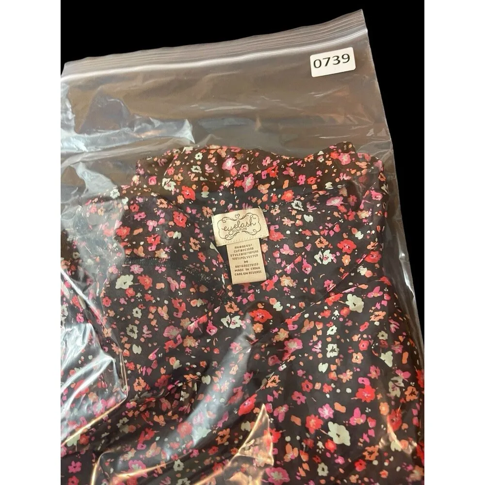 Eyelash Brown Pink Red Floral Fall Sleeveless Sheer Tie Neck Office Casual Top M Size M - Image 10