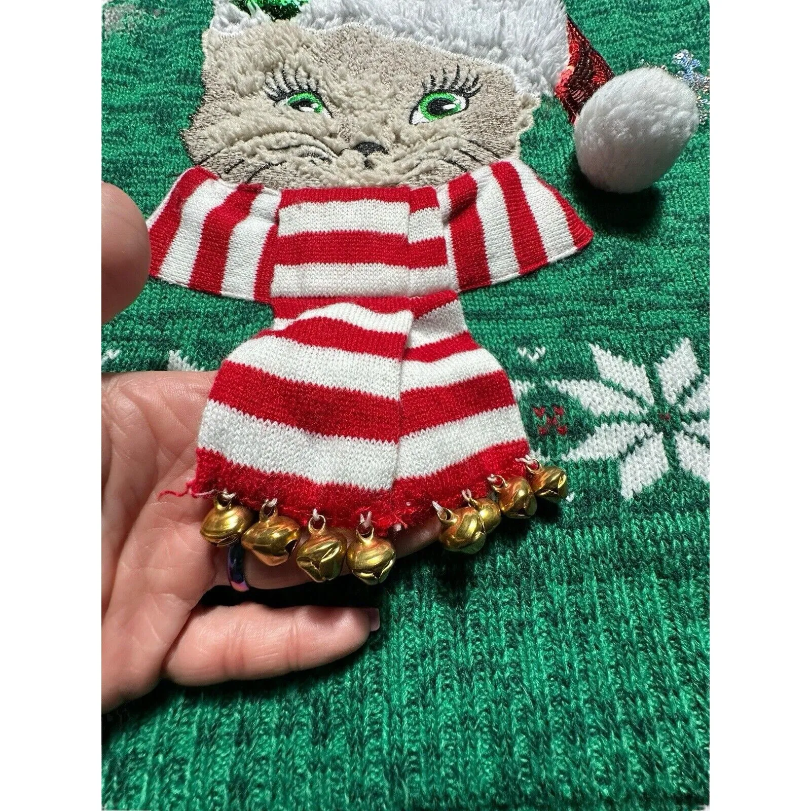 99 Jane Street XL Christmas Knit Green Sweater Cat‎ Appliqué Crew Neck #X9 - Image 4