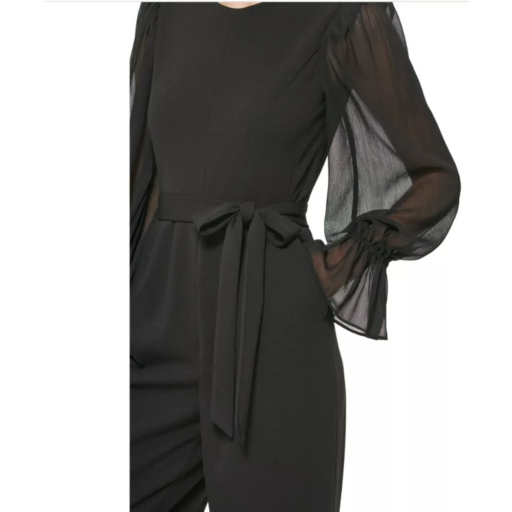 Calvin Klein Black Blouson Sleeve Belted Ankle Length Crewneck Jumpsuit Office 4 - Image 12