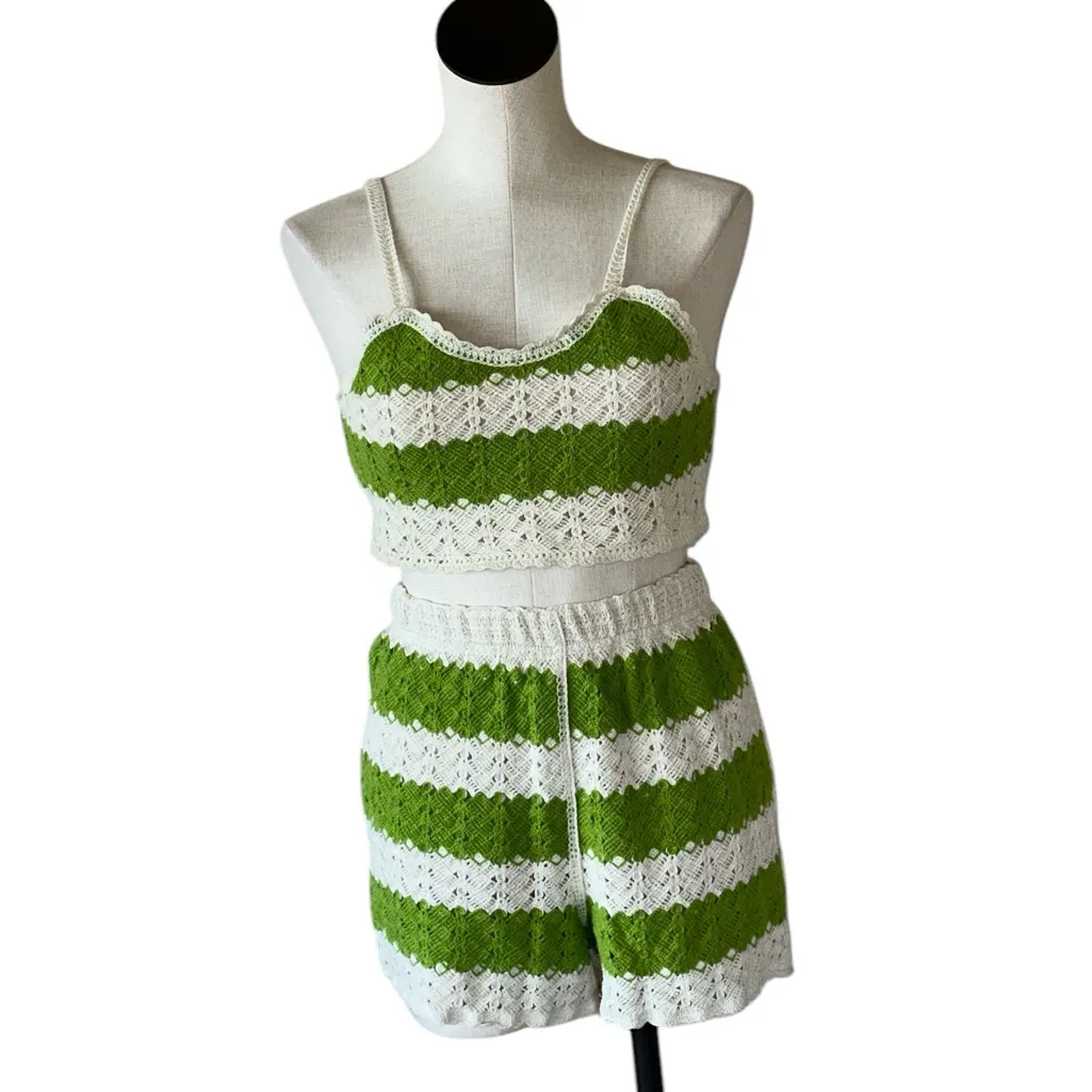 NWOT  Rebellion Crochet 2 Piece Sage Green & Ivory Short & Top Set Size XS - Image 2