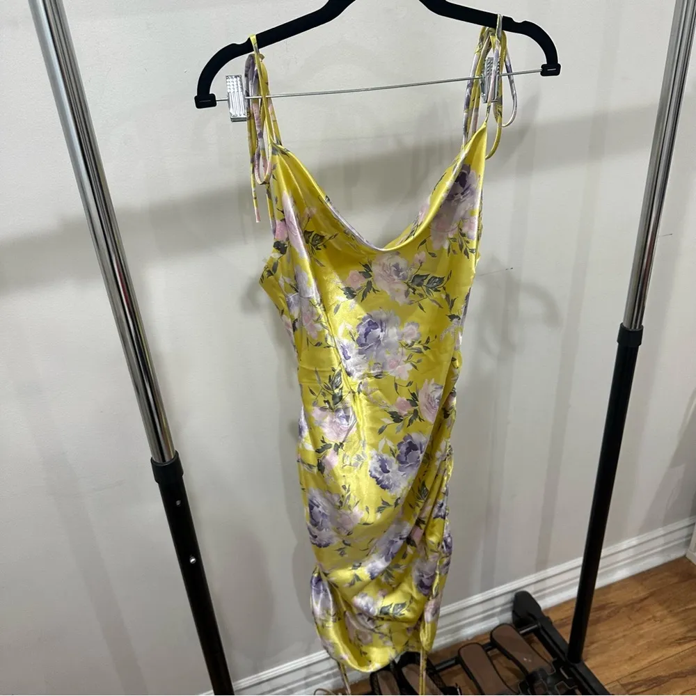 Floral Yellow Satin Dress Size L - Image 2