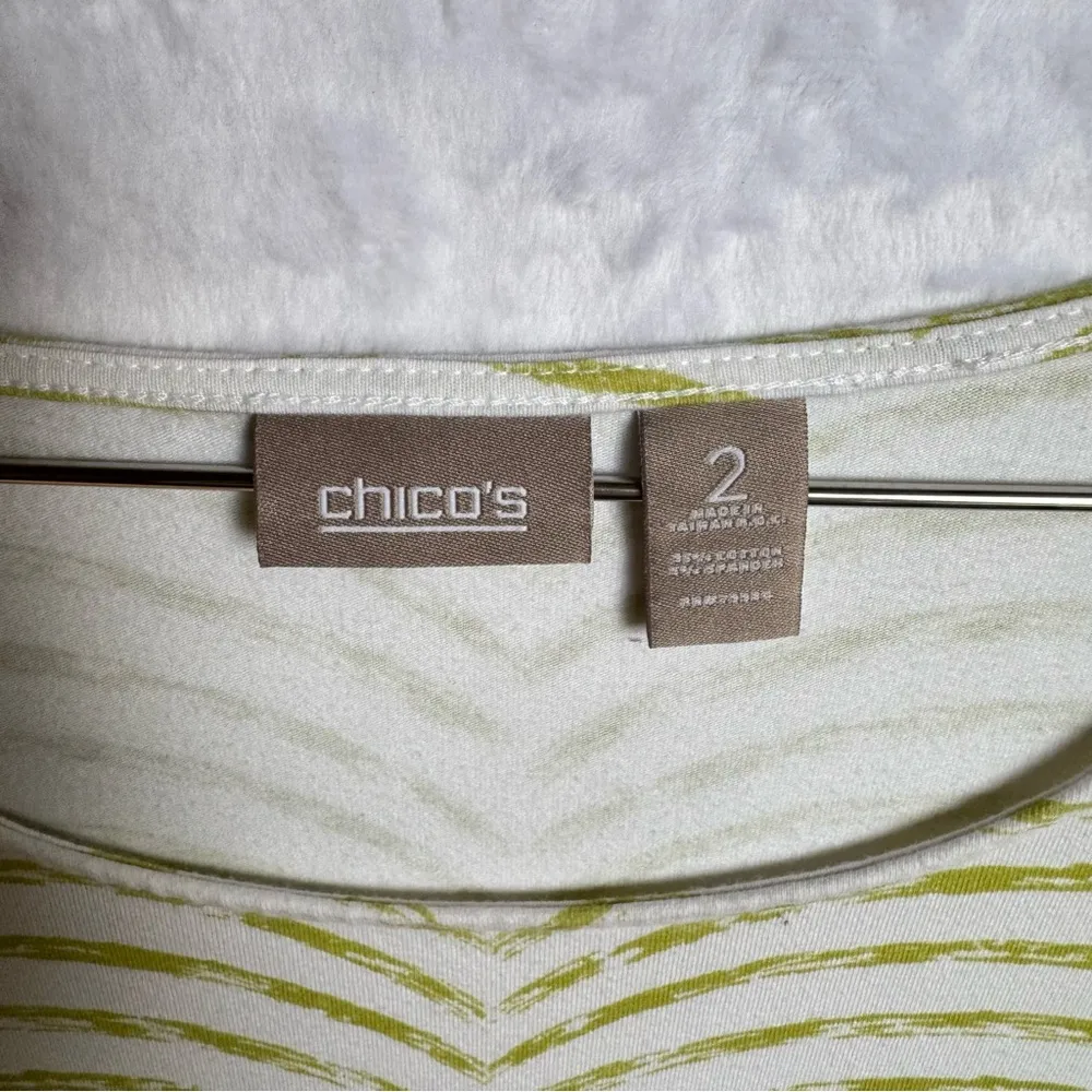 Chico’s White Green Striped Tab Up Sleeve Cotton Blend Knit Top Size 2/Large - Image 2