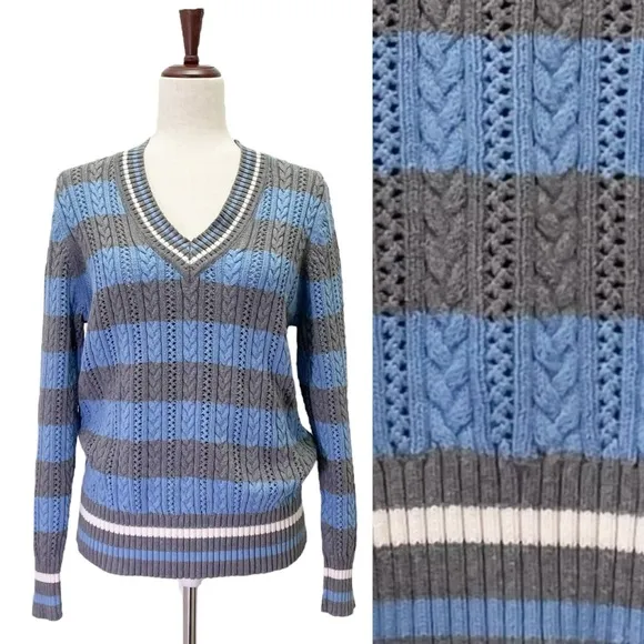 Liz Claiborne Cotton Cable Knit Sweater Size XL Blue Gray Stripe V-Neck VTG - Image 2