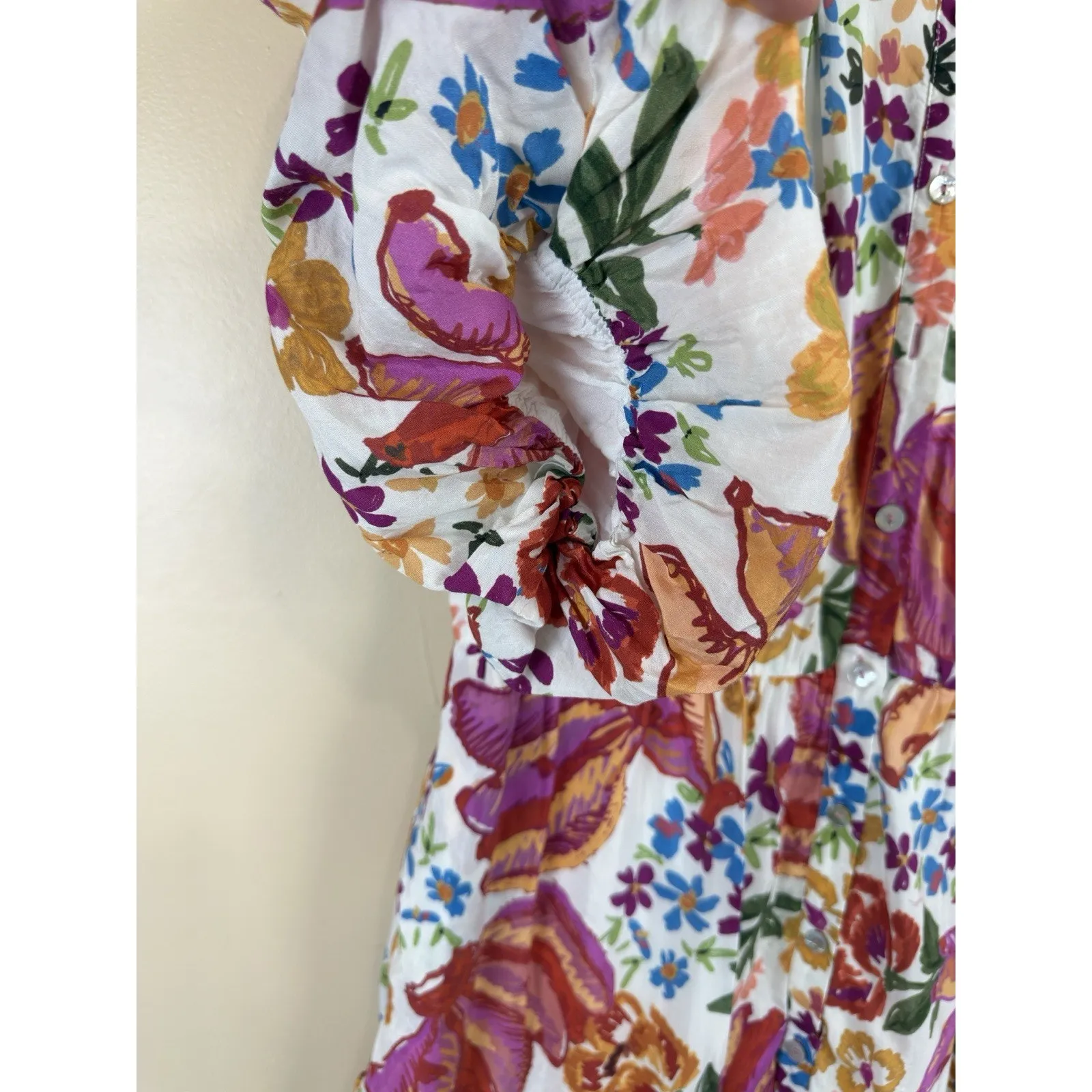 Farm Rio Spring Bananas Mini Dress Women’s Size L Floral Print with Puff Sleeves - Image 5