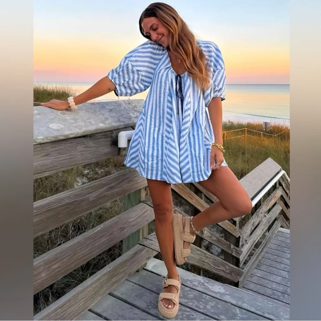 NEW! Free People BOP AROUND Romper M Seaside Stripe Ivory Blue Striped Shorts - Image 6