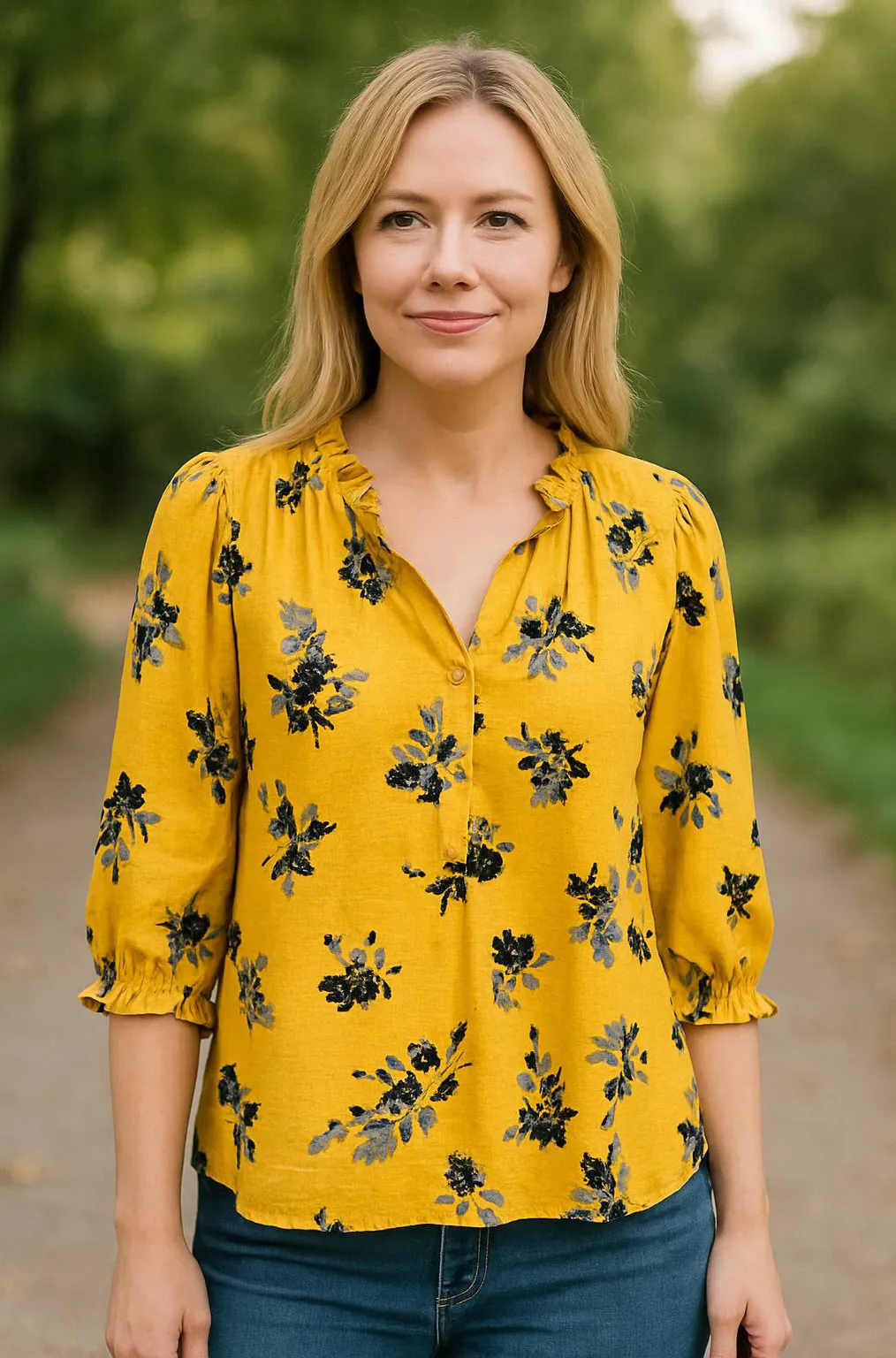 MELLODAY Yellow Floral Print Top. Open Ruffled Neck W/Buttons. SIZE 2X. NWT - Image 1