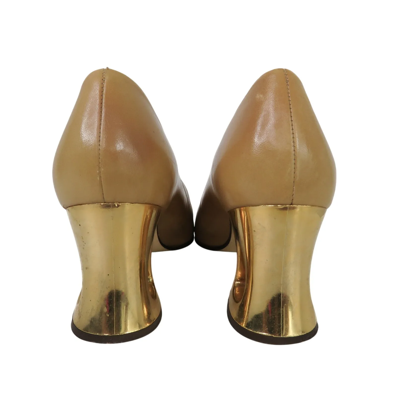1970s Vintage Proxy Camel Leather Square Toe Chunky Gold Heel Pumps Size 8 Tan - Image 5