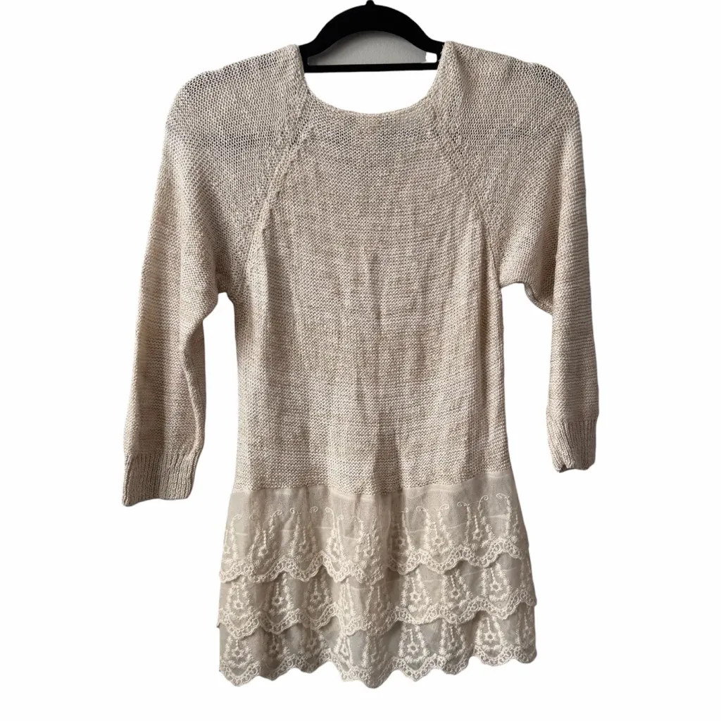 American Rag Neutral Cream Beige Knit V Neck Sweater with Lace Size M - Image 2