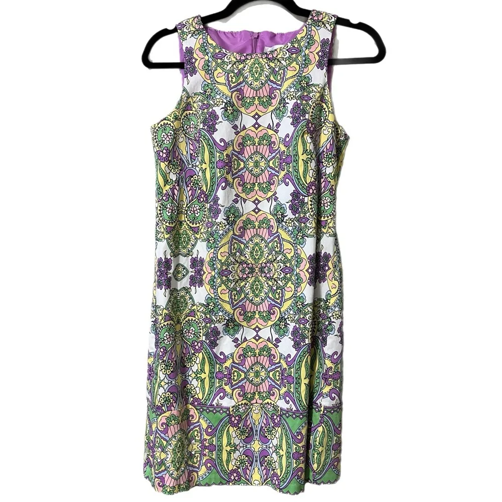 LONDON TIMES size 8 women's shift dress cotton purple & green vacation zips up - Image 11