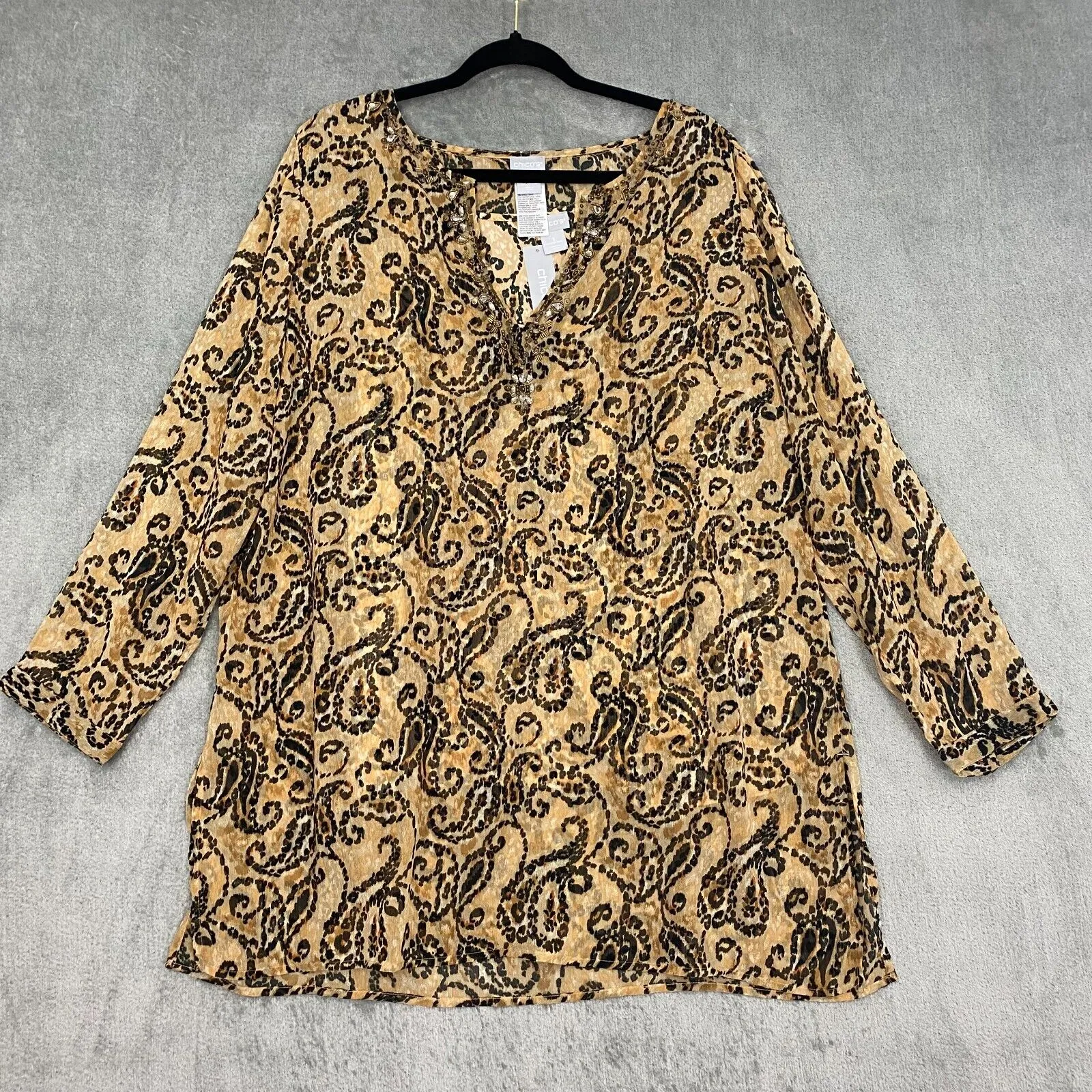 Chicos Top Sz 3 Chiffon Embellished Tunic Paisley Leopard Mob Wife Cats 16/18 - Image 2