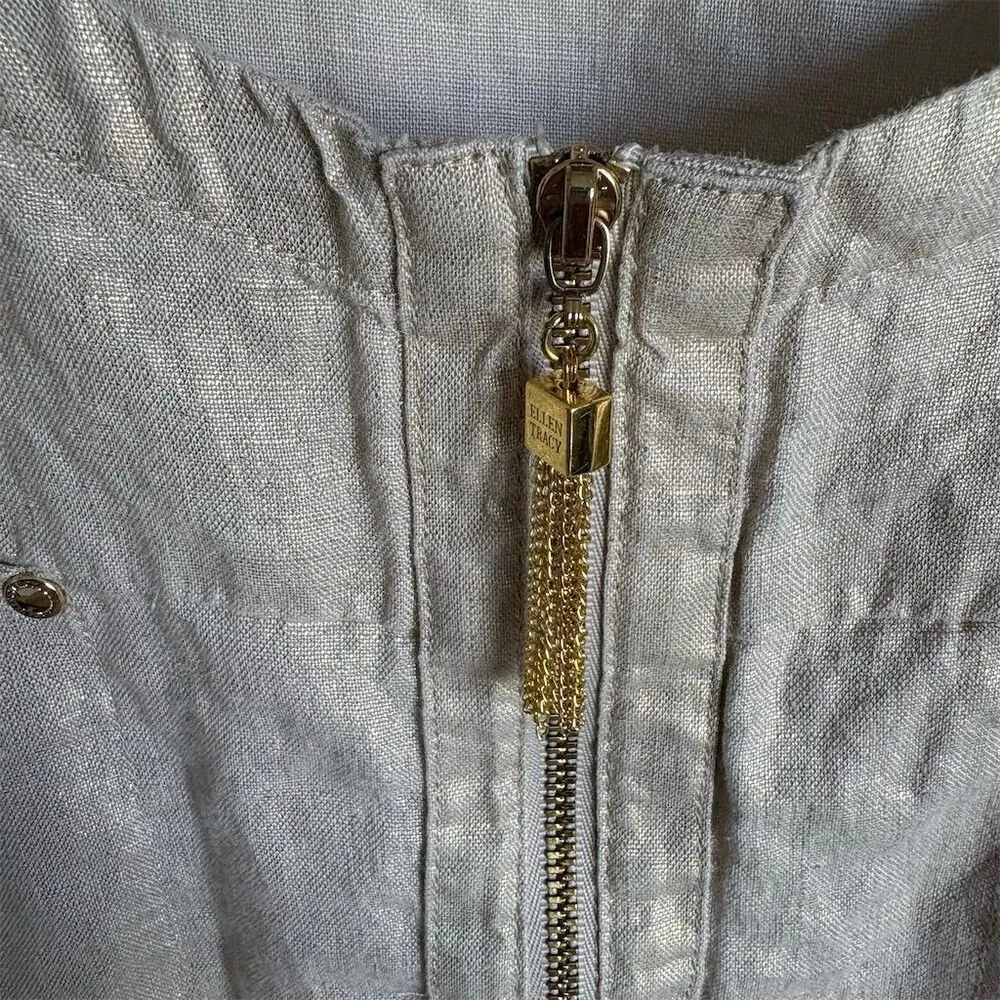 Ellen Tracy Women's L Linen Gold Foil Short Sleeve Blouse Casual Top - Image 3