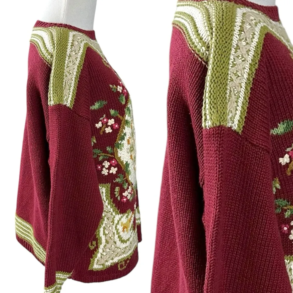 Vintage 90s Hand Knit Victorian Cottage Sweater Small Oversized Chunky Fall Red - Image 3