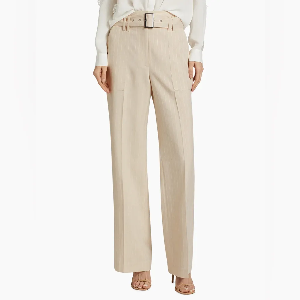 Elie Tahari Diana Pinstriped Belted Pants Sand and White Stripe size 8 NWT $345 - Image 3