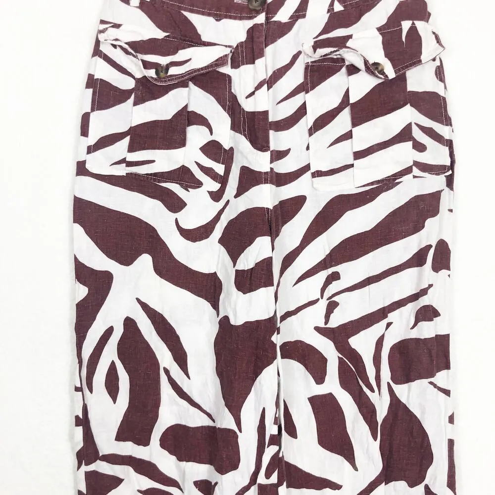 Whistles Brown Ella Zebra Print Linen Pants Size 4 High Rise Casual Cropped - Image 9