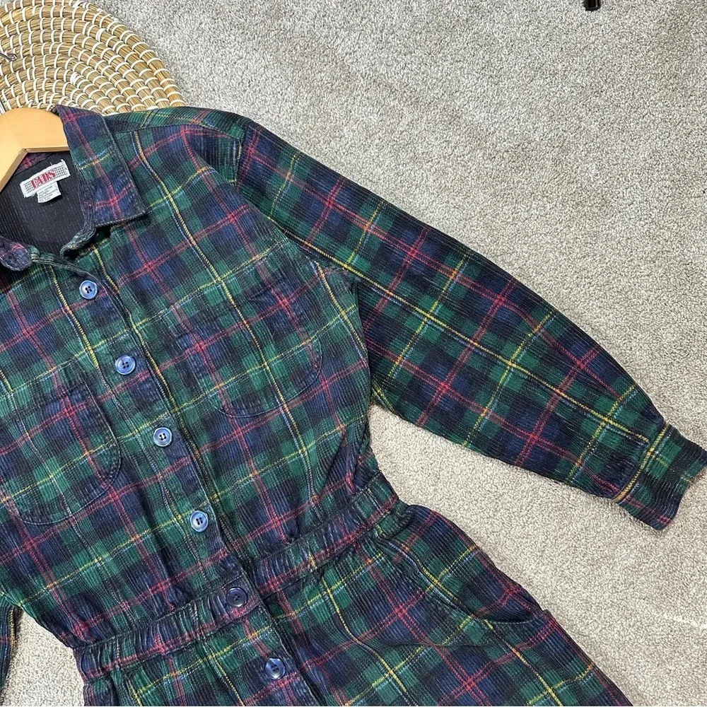 Fads Vintage 90s Y2K Tartan Plaid Corduroy Button Up Shirt Dress Long Sleeve M Green Size M - Image 6
