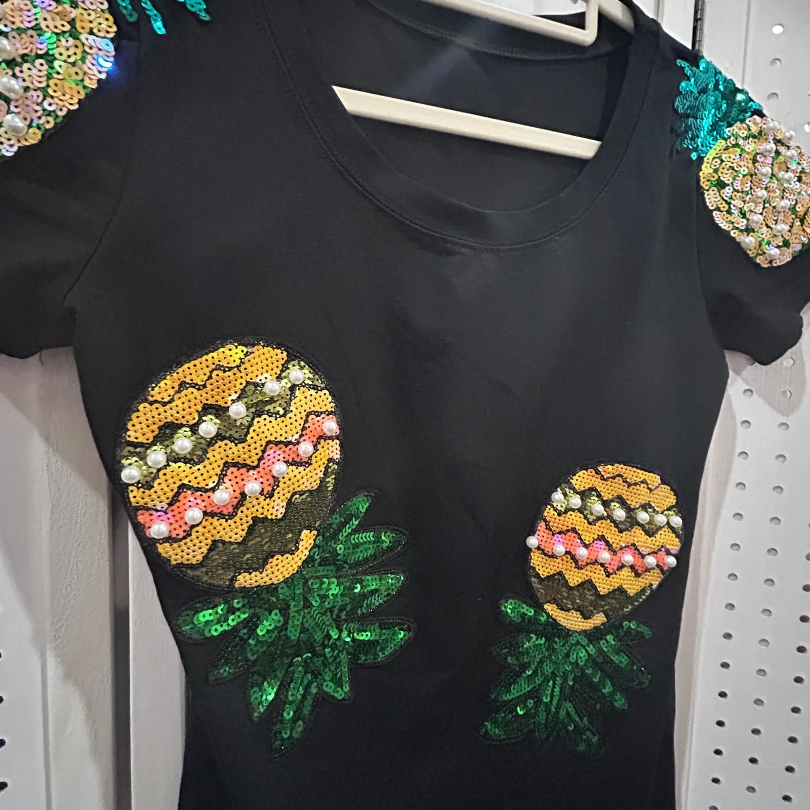 Sparkly Pineapple Sequin Embellished Black T Shirt Dress Fun Vacation Size M - Image 2