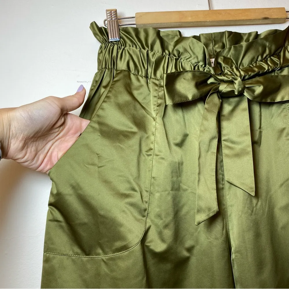 Milly | Kori Paperbag Gathered Waist Wide-Leg Satin Trouser Pants Olive Green M - Image 5